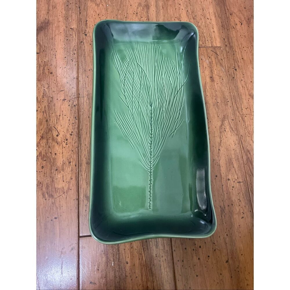 Kay Wayne Signed Studio Art Pottery Pine Needle Branch Green Serving Platter